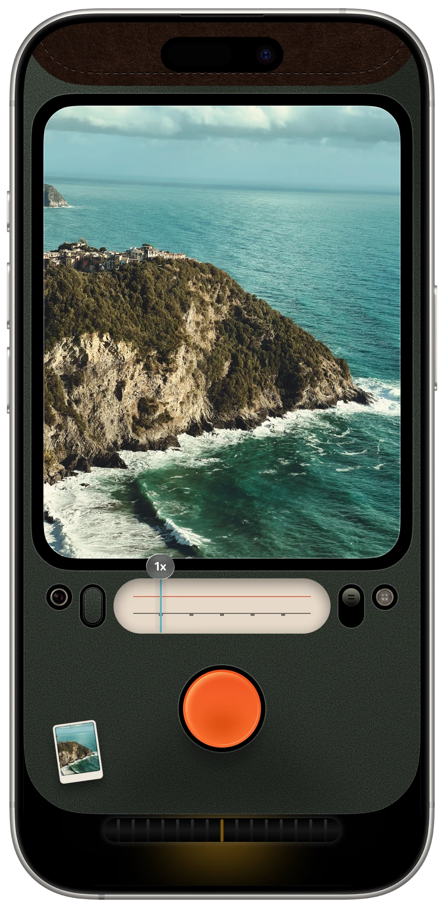 Campera viewfinder with a zoom slider and an orange shutter button