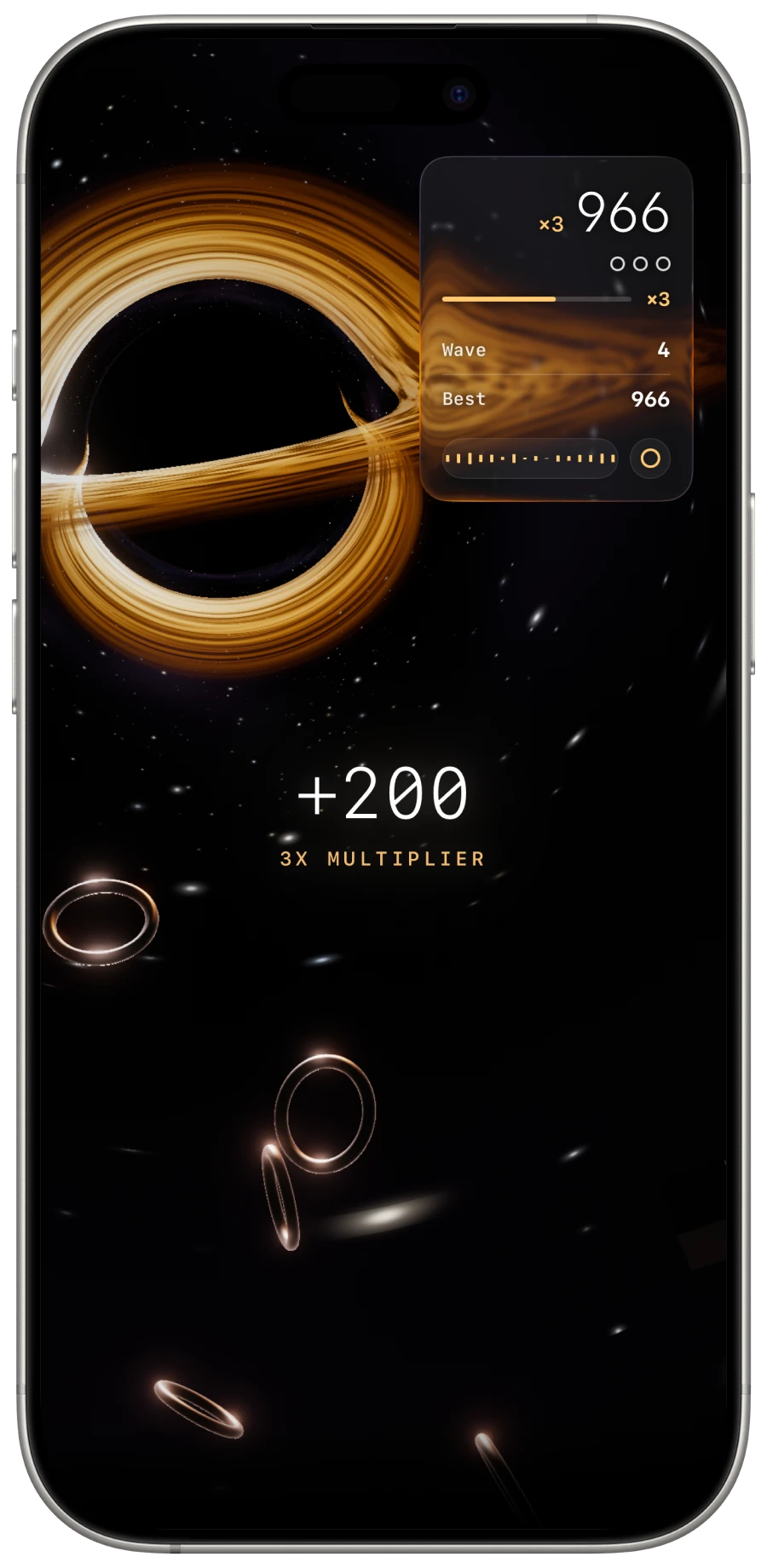 Ringularity gameplay: a glowing black hole, a score panel and rings drifting through space