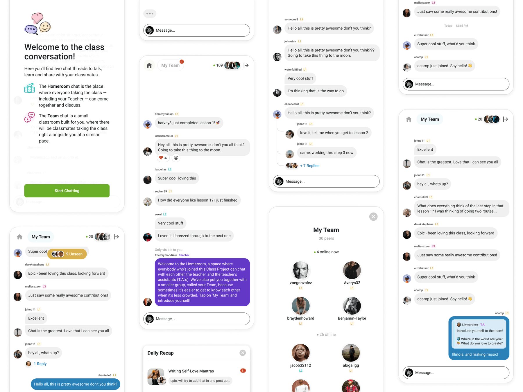 HITRECORD class conversation screens with team members and chat threads