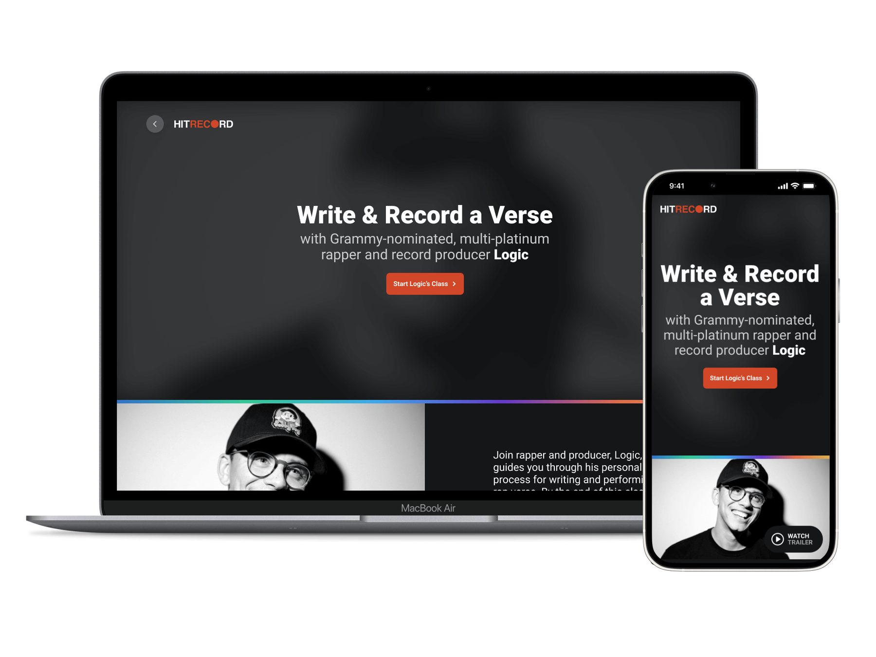 HITRECORD course landing page on laptop and phone: Write and Record a Verse with Logic