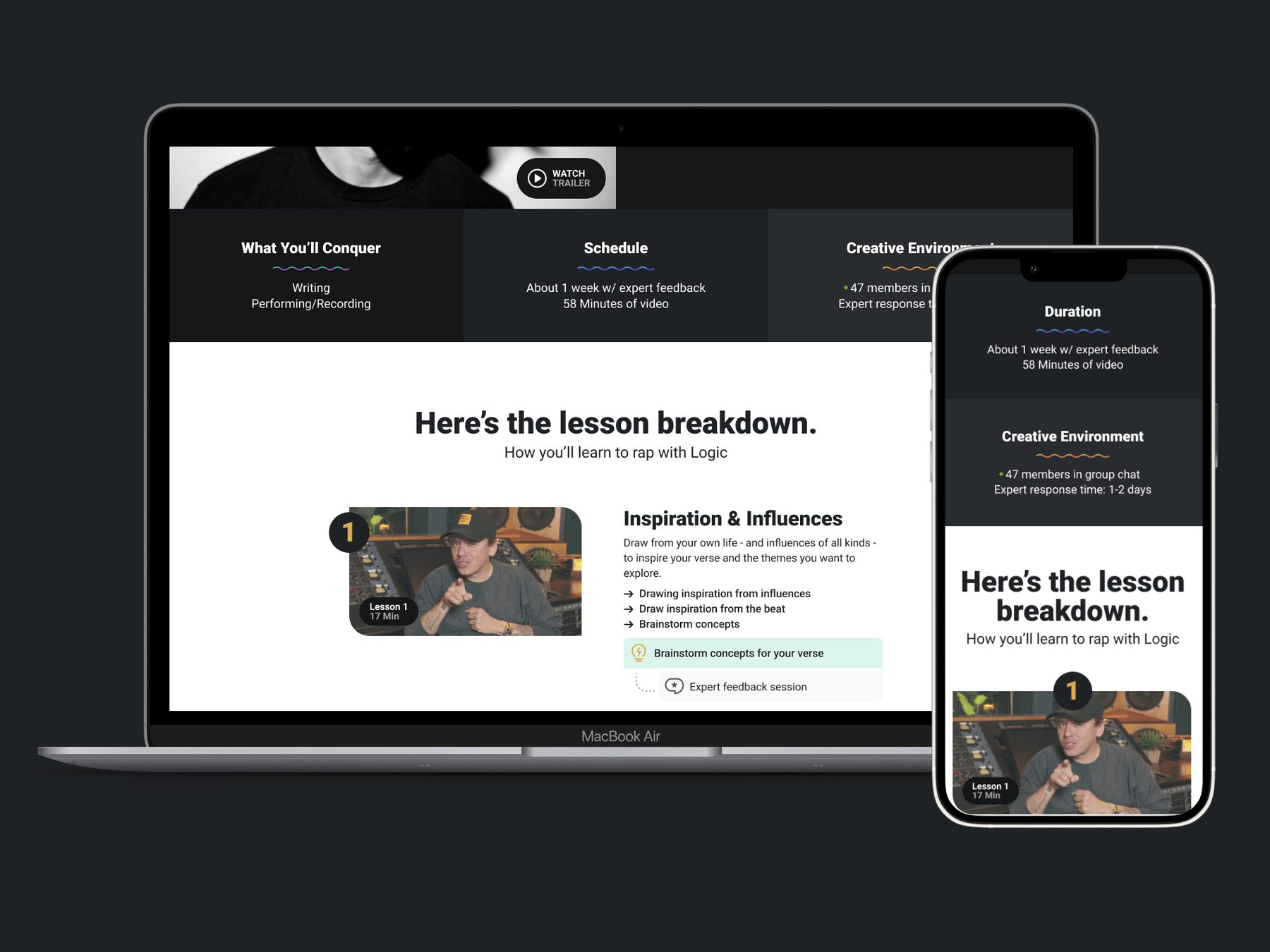 HITRECORD course page showing the lesson breakdown on laptop and phone