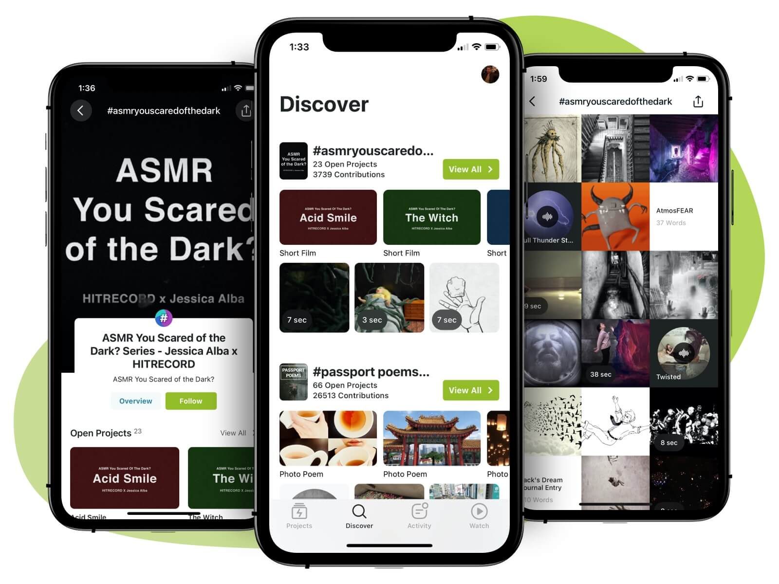 HITRECORD Discover screen on iOS with themed projects and contribution thumbnails