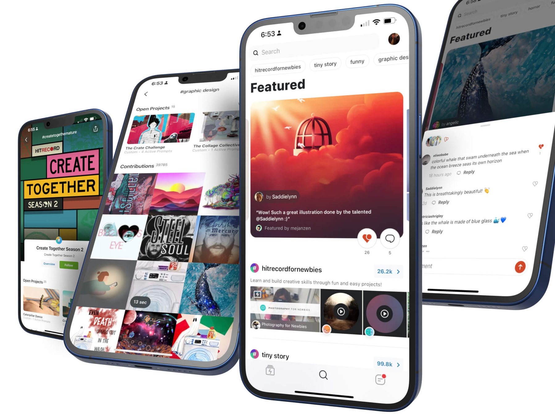 Several iPhones showing HITRECORD featured and explore feeds