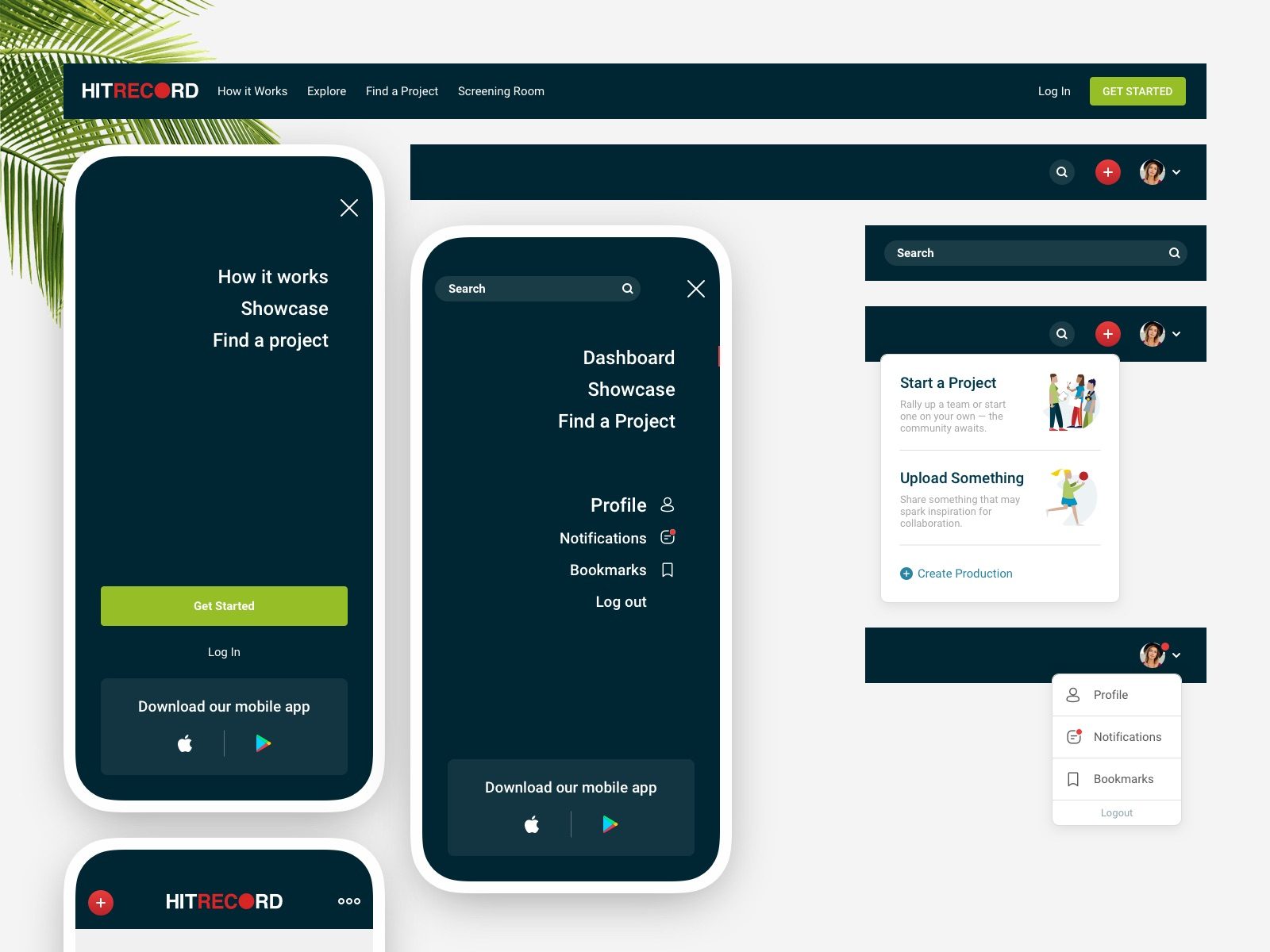 HITRECORD header menus and footer at desktop and mobile sizes