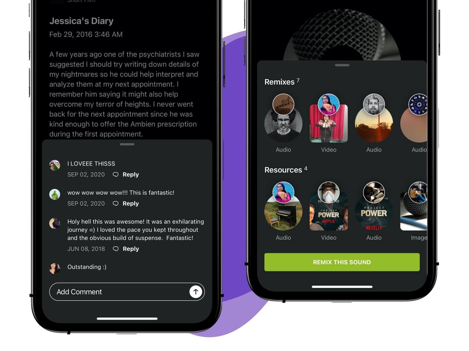 A HITRECORD text piece with comments, and a sound with its remixes, resources and a Remix This Sound button