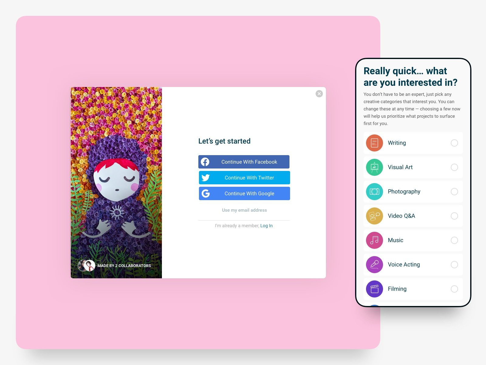 HITRECORD sign-up screens asking which creative disciplines interest you