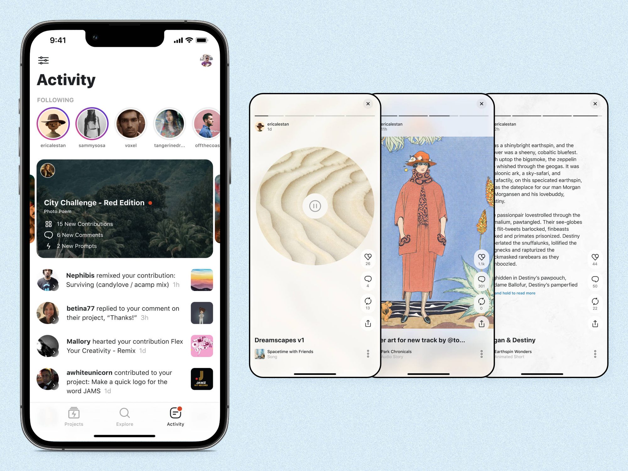 HITRECORD Activity tab with followed creators' stories, and three story screens showing audio, illustration and text