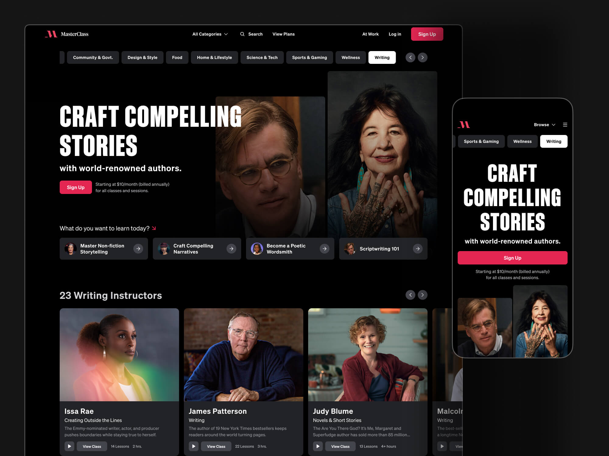MasterClass Writing category page on desktop and mobile, leading with instructors and a sign-up prompt