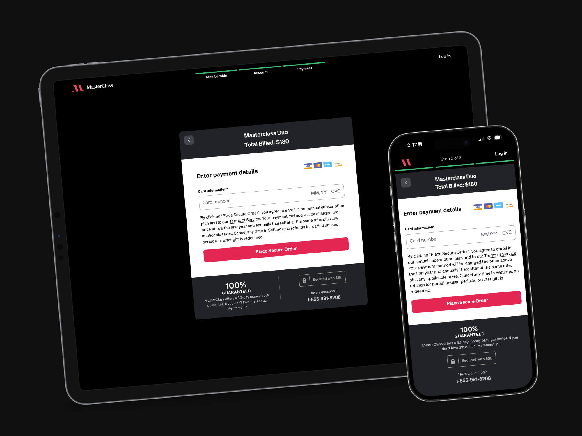 Redesigned MasterClass checkout on tablet and phone