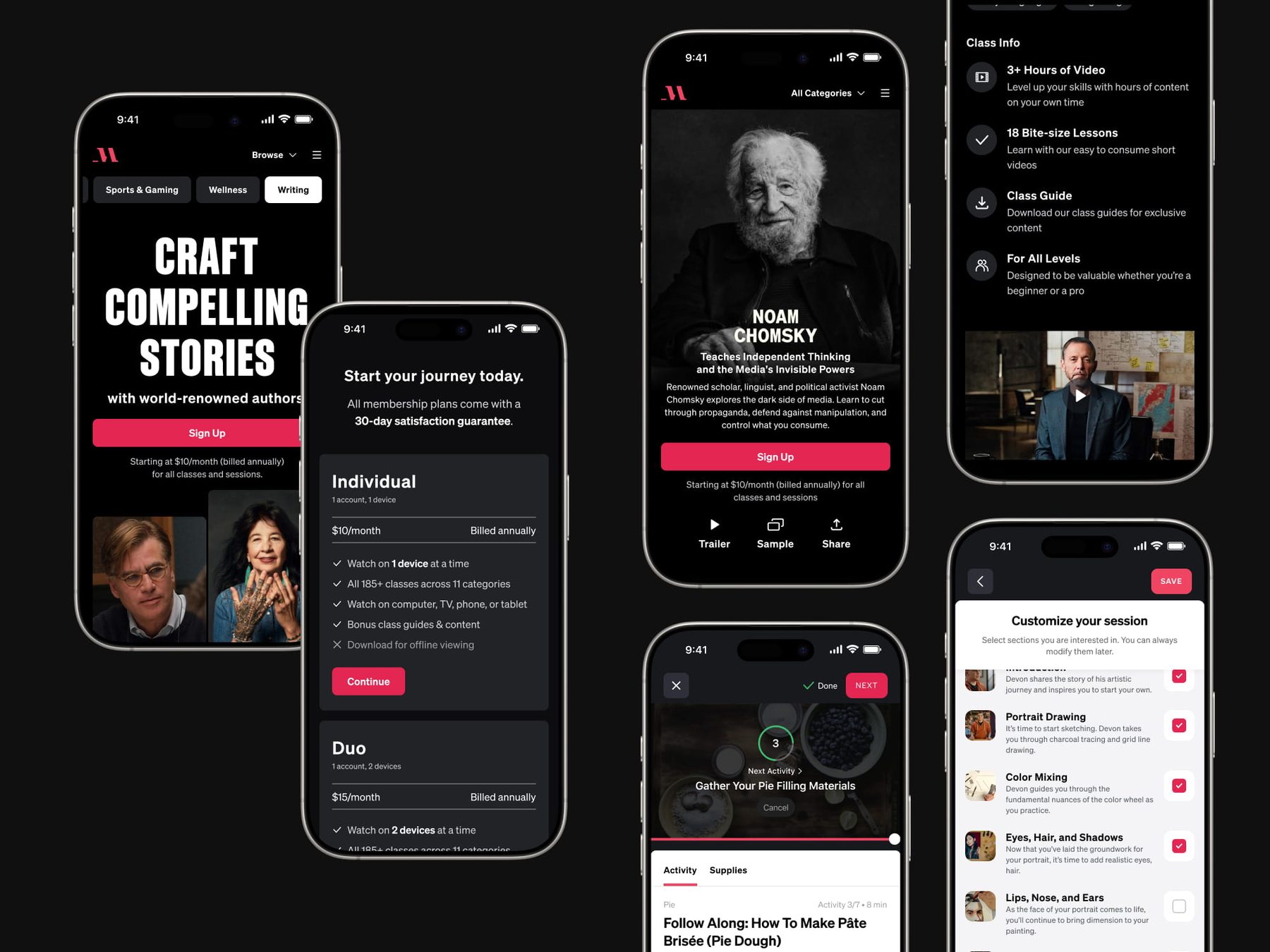 MasterClass mobile screens: category page, plan selection, class page and a session