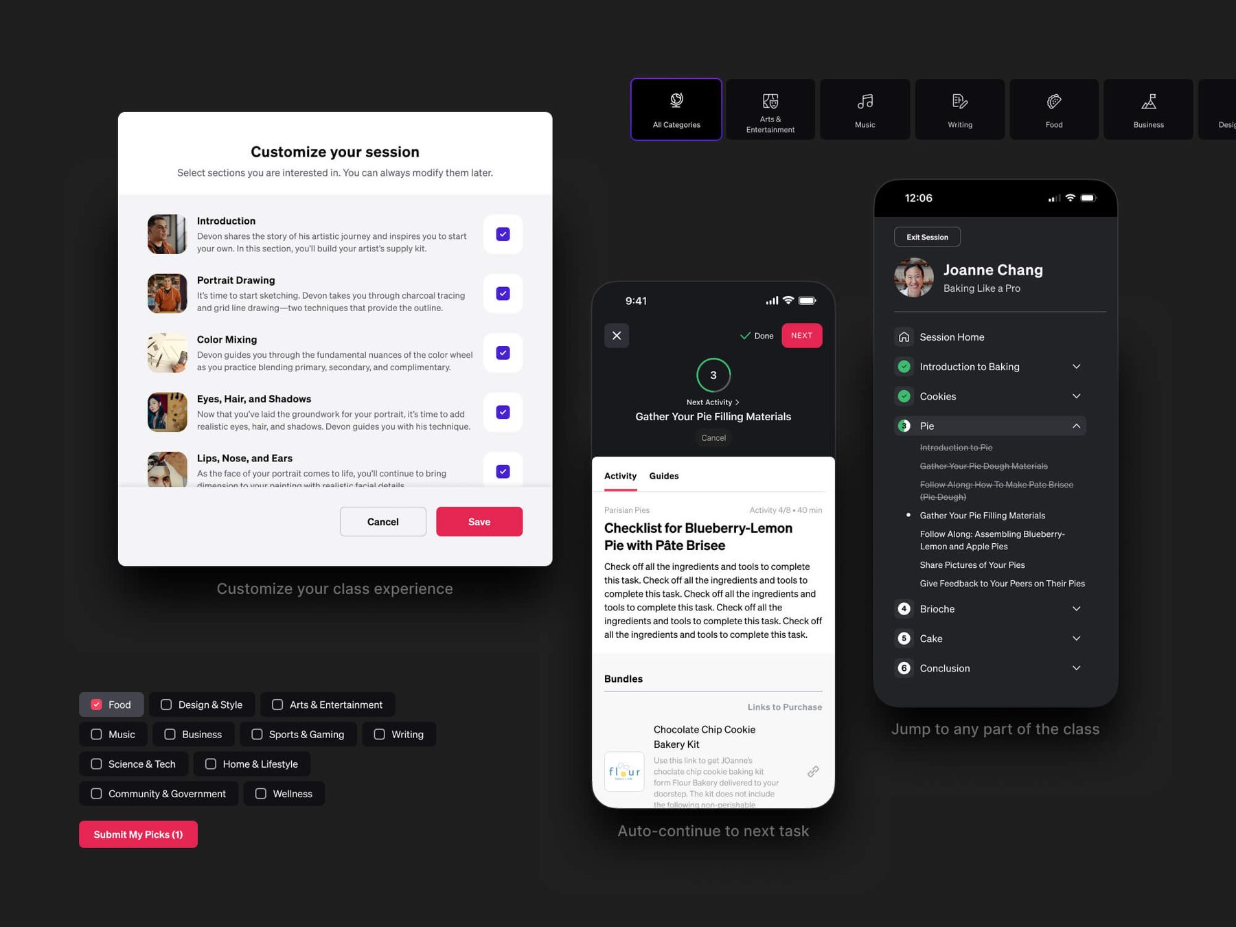 MasterClass Sessions screens: customize your session and follow along step by step