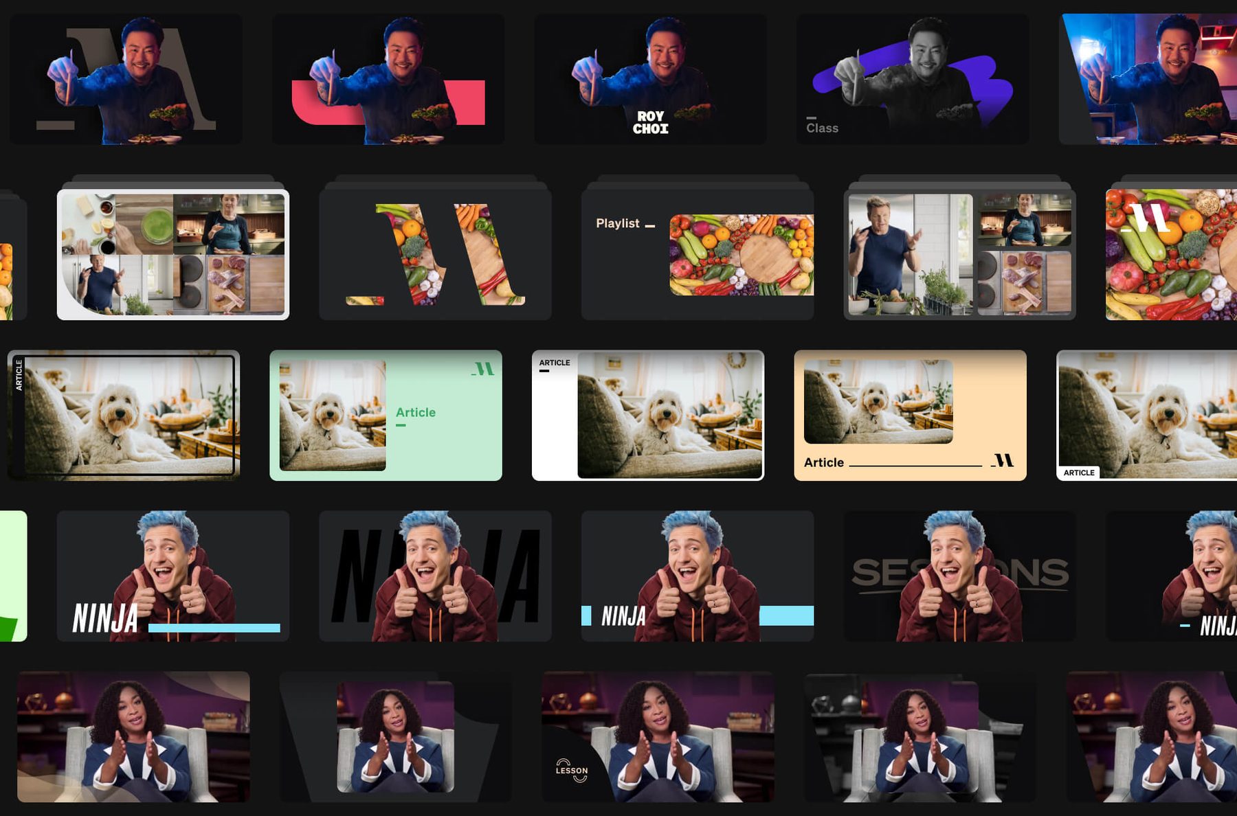 Grid of MasterClass thumbnail explorations for classes, lessons, sessions, playlists and articles