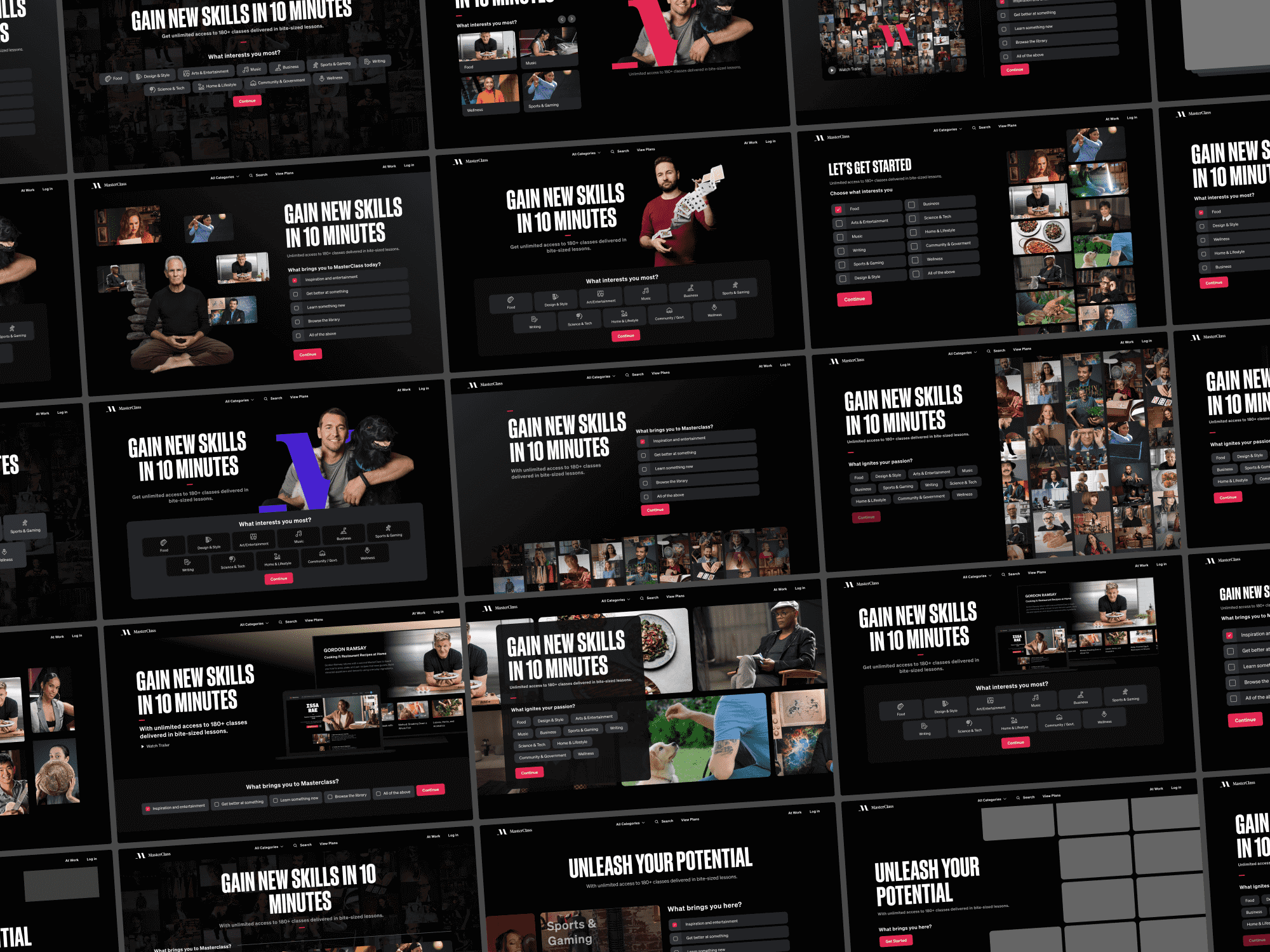A grid of homepage hero explorations testing different layouts and quiz treatments