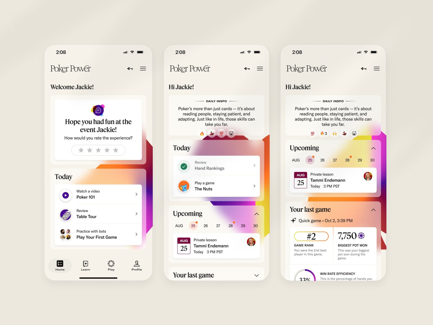 Poker Power home screens with a Today list of tasks and upcoming lessons