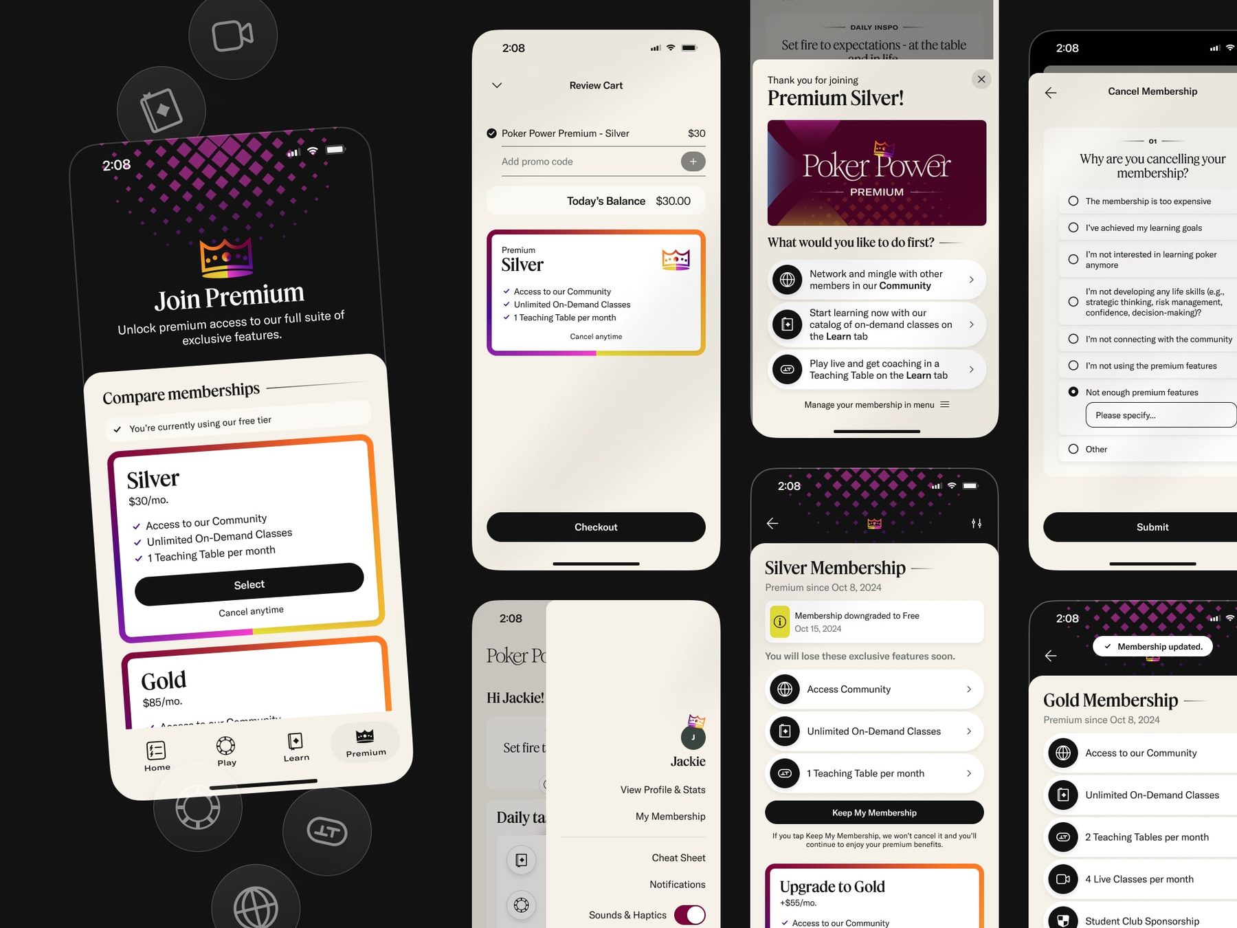 Poker Power premium membership screens: plan comparison, checkout, membership details and cancellation