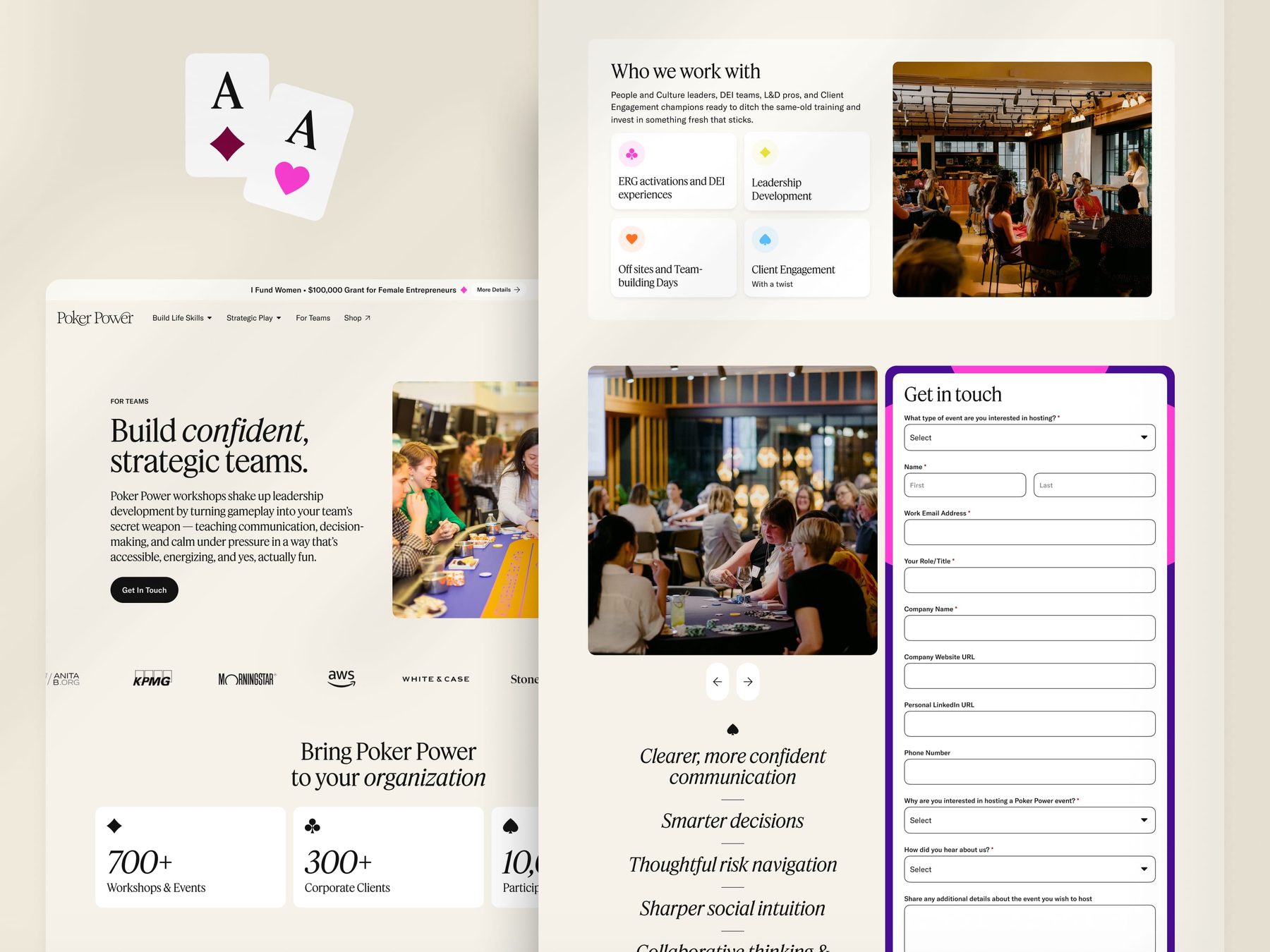 Poker Power for Teams page with a contact form for corporate workshops