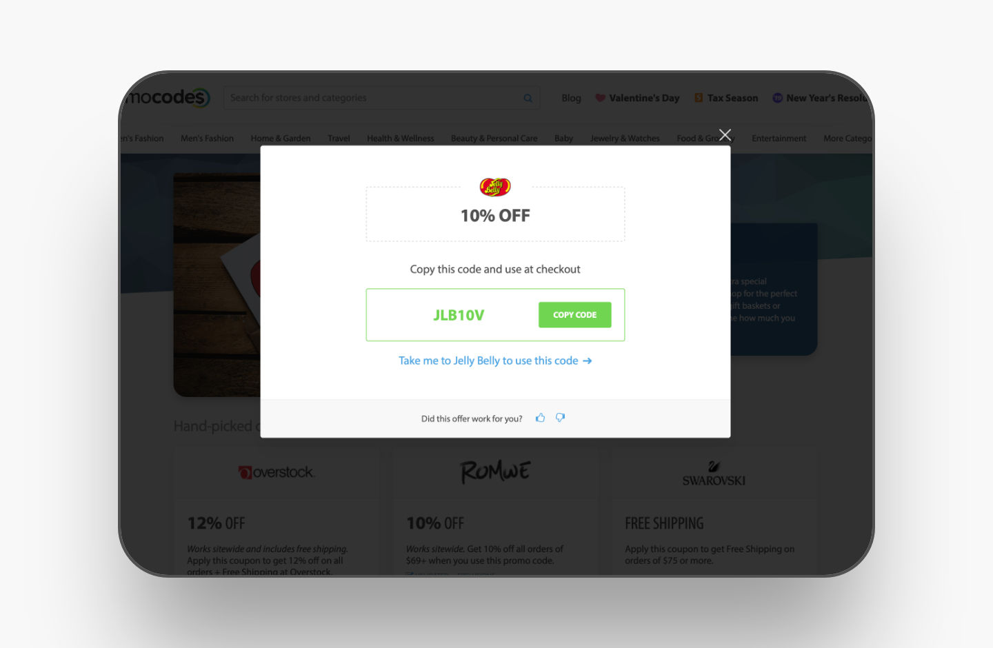 modal design for accessing a promo code and its copy function