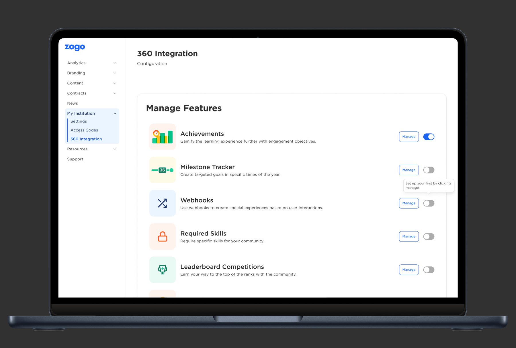The 360 Integration configuration tool for SDK partners, with features switched on and off per partner
