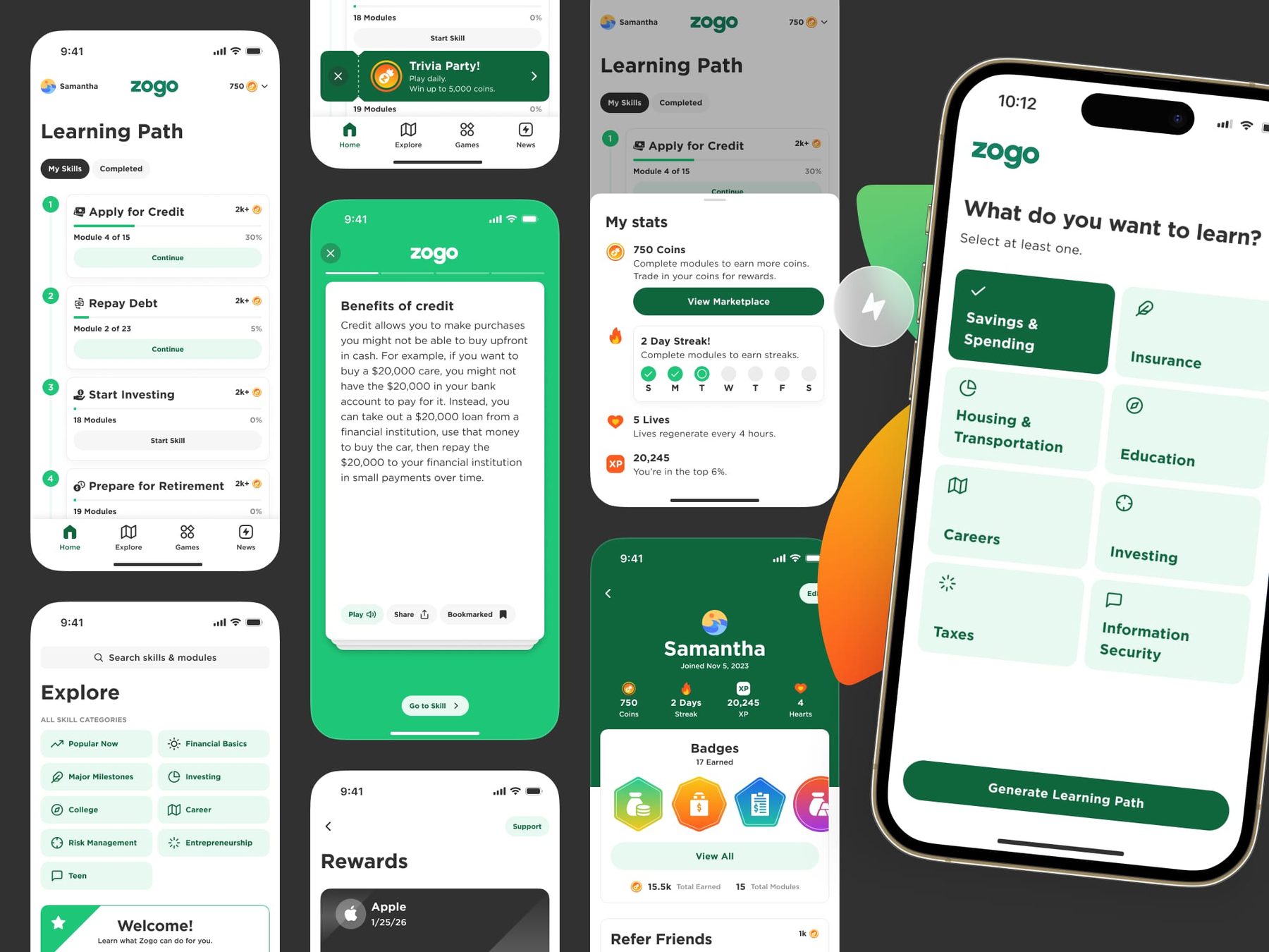 Zogo app screens: learning path, a lesson, explore, stats, badges and rewards