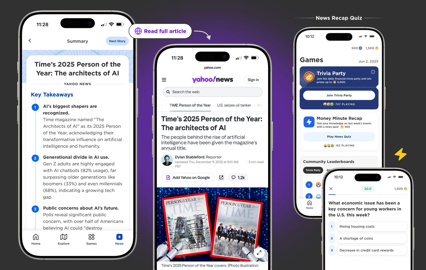 Zogo news summary with key takeaways, and a News Recap Quiz in the games tab