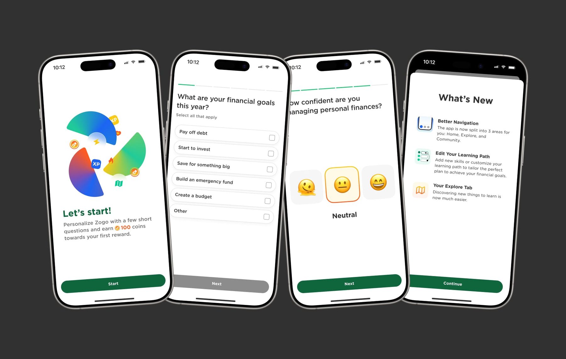 Zogo onboarding screens asking about financial goals and confidence