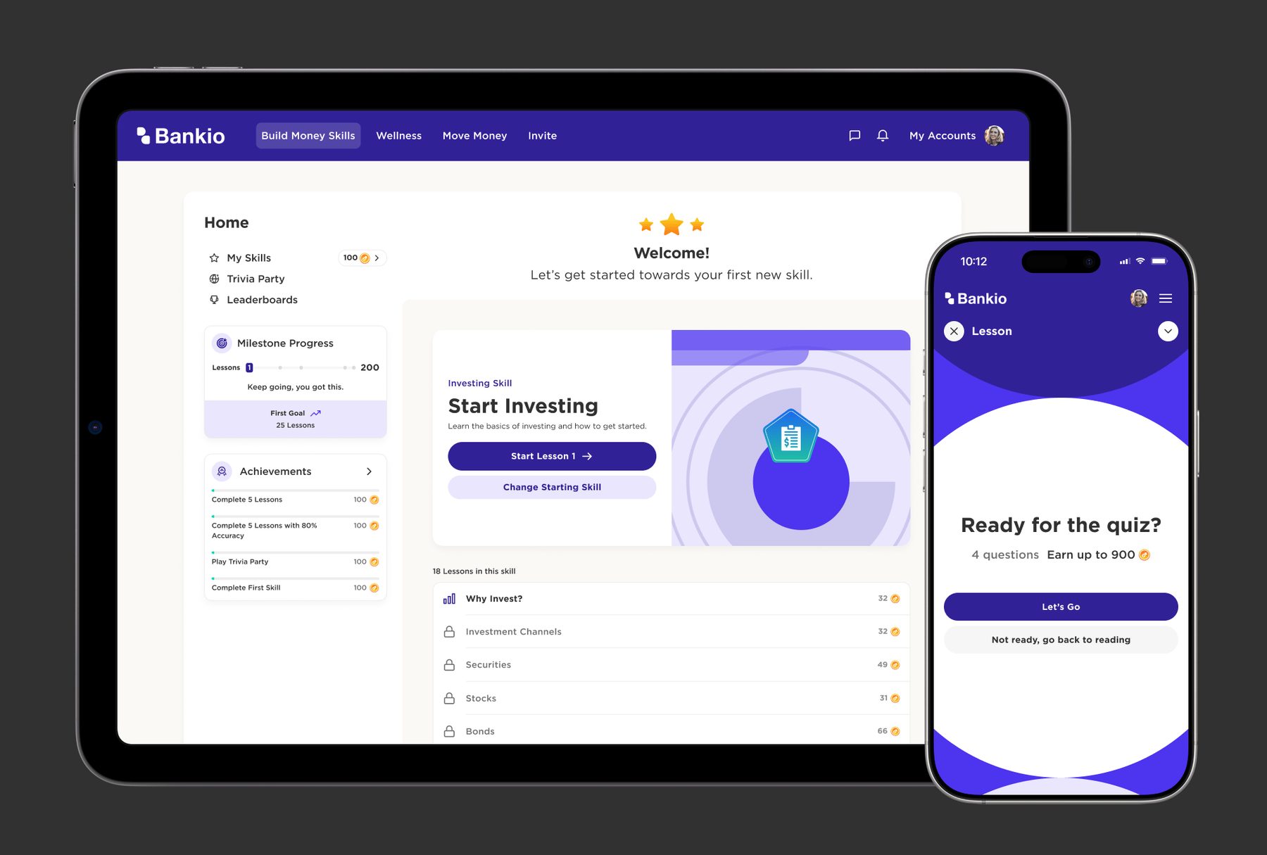 Zogo embedded in a sample bank's web and mobile banking, styled in purple