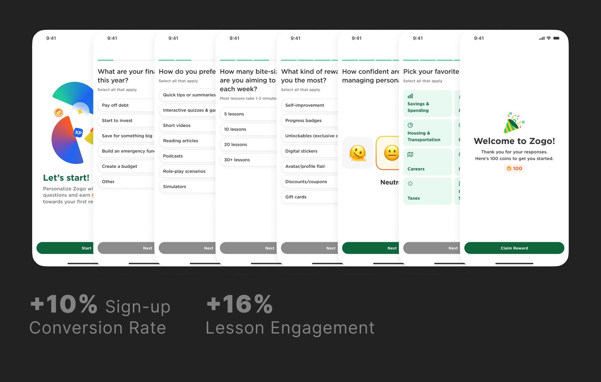 Zogo onboarding sequence: personalization questions leading into a first lesson
